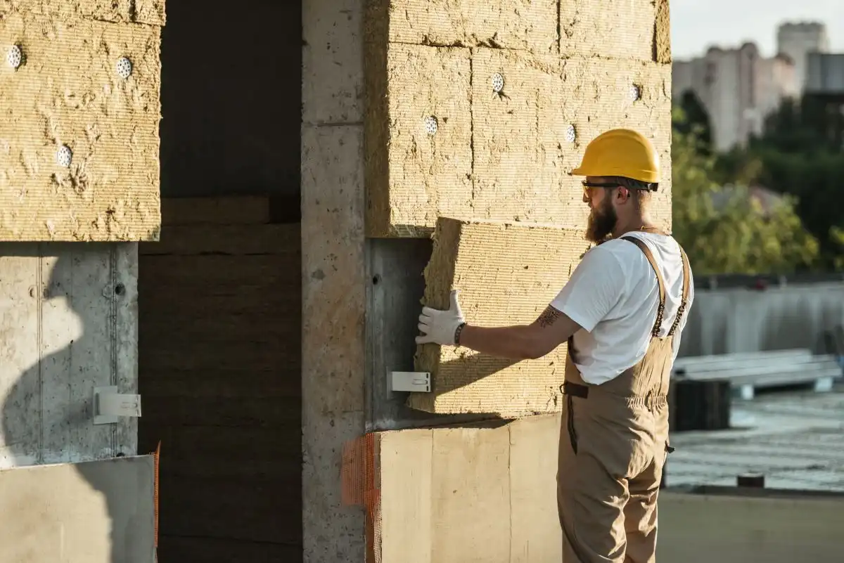 Muncitor care fixează plăci termoizolante pe peretele unei clădiri în construcție